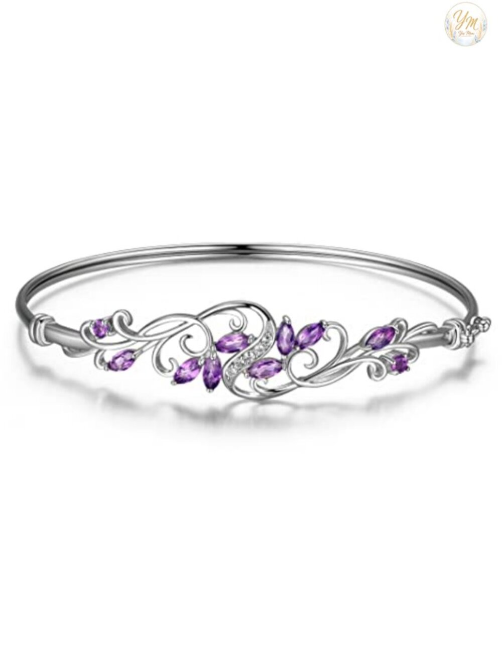Rhodium Plated Sterling Silver Amethyst White Topaz Bangle Bracelet